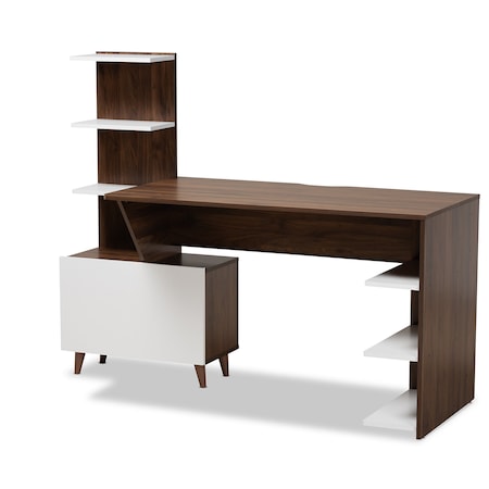 Baxton Studio Tobias Mid-Century Two-Tone White and Walnut Brown Finished Wood Storage Computer Desk with Shelves 181-11692-Zoro
